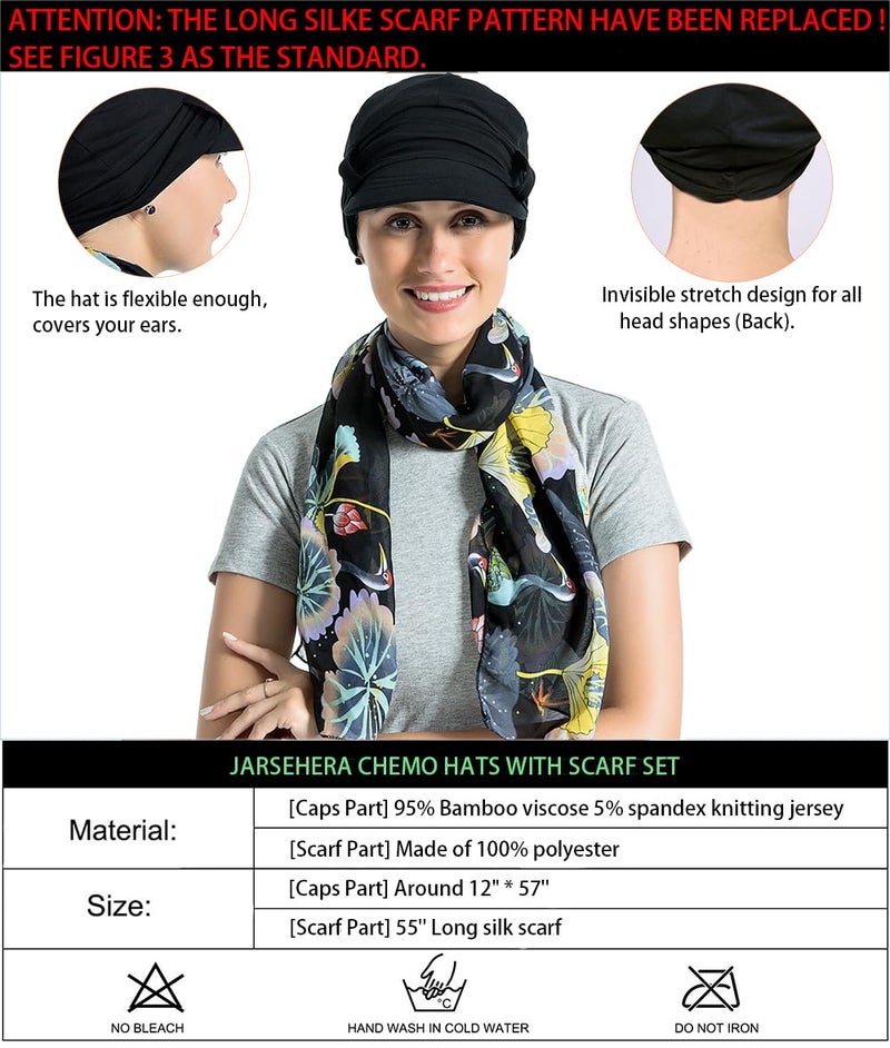 JarseHera Chemo Hats for Women Bamboo Cotton Lined Newsboy Caps with Scarf Double Loop Headwear for Cancer Hair Loss Black - Image 2