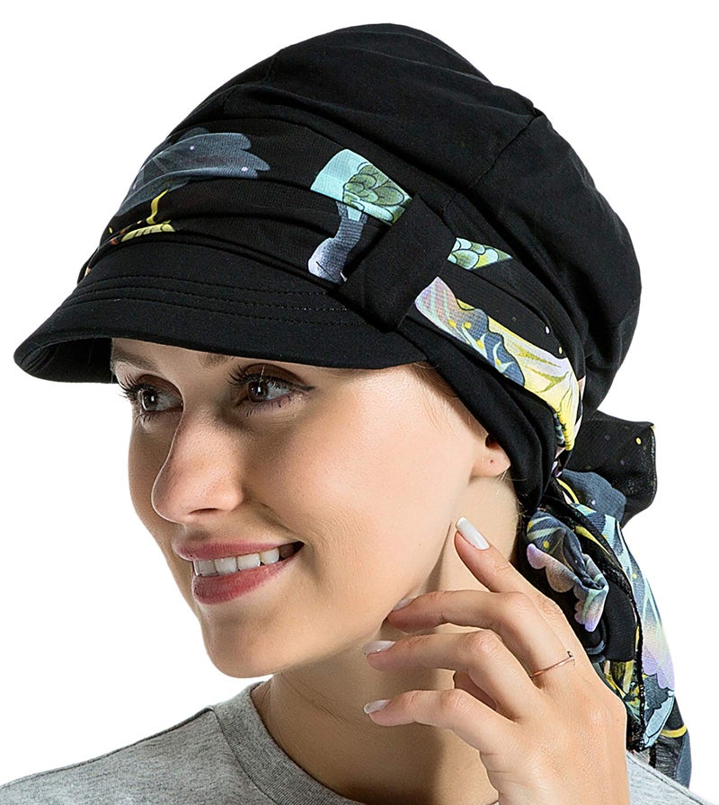 JarseHera Chemo Hats for Women Bamboo Cotton Lined Newsboy Caps with Scarf Double Loop Headwear for Cancer Hair Loss Black - Image 1