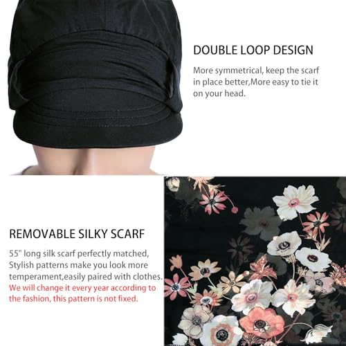 JarseHera Chemo Hats for Women Bamboo Cotton Lined Newsboy Caps with Scarf Double Loop Headwear for Cancer Hair Loss Black - Image 3