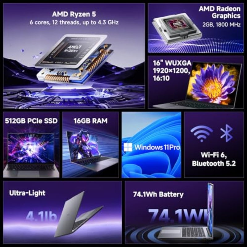 Gaming Laptop 16'', AMD Ryzen 5 Beat i7-1355U,16GB RAM 512GB SSD, Windows 11 Pro Laptop with Office, IPS 2K Display, Backlit Keyboard, 74.1Wh, WiFi 6, BT 5.2, 4K HDMI - Image 2
