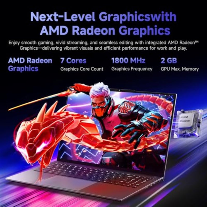 Gaming Laptop 16'', AMD Ryzen 5 Beat i7-1355U,16GB RAM 512GB SSD, Windows 11 Pro Laptop with Office, IPS 2K Display, Backlit Keyboard, 74.1Wh, WiFi 6, BT 5.2, 4K HDMI - Image 5