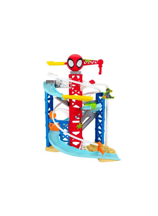 MARVEL مجموعة مسار الفوضى في منطقة البناء مع حركة خط ZIP من سبايدي وأصدقائه تتضمن 2 مركبة لعب | مسار سباق بارتفاع 2 قدم | مارفل | سبايدرمان | مركبة لعب | سيارة لعب | ألعاب قابلة للجمع | تشجع على اللعب الخيالي وتطوير المهارات الحركية | هدية للأطفال والرضع - Image 1