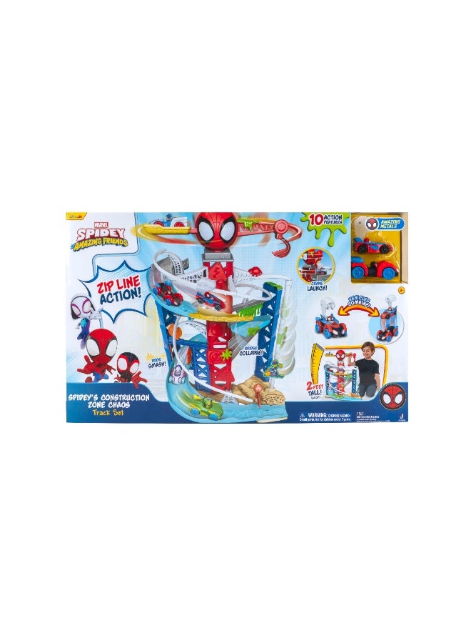 MARVEL مجموعة مسار الفوضى في منطقة البناء مع حركة خط ZIP من سبايدي وأصدقائه تتضمن 2 مركبة لعب | مسار سباق بارتفاع 2 قدم | مارفل | سبايدرمان | مركبة لعب | سيارة لعب | ألعاب قابلة للجمع | تشجع على اللعب الخيالي وتطوير المهارات الحركية | هدية للأطفال والرضع - Image 2