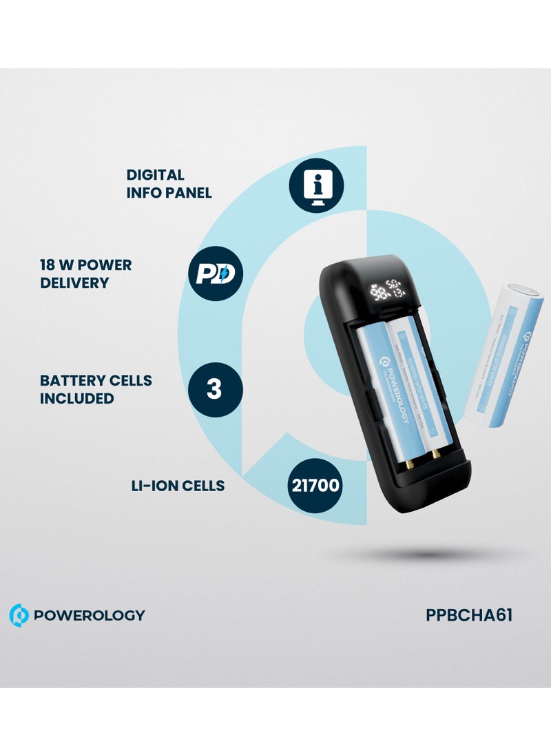 Powerology 5000 mAh Power Bank & Battery Charger 5000mAh 18W with Digital Display and 3 Battery / Simultaneous Charging / Built-in Safety Features / Lithium Boost Portable Powerbank - Grey  - Image 2