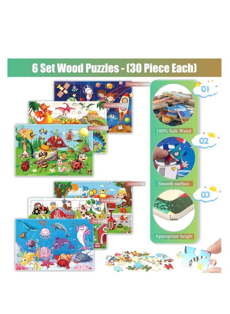 سونسر 6 أطقم ألغاز للأطفال من سن 4-8 سنوات، مجموعة ألغاز بانوراما خشبية مكونة من 180 قطعة ألغاز للأطفال الصغار ما قبل المدرسة للأولاد والبنات - Image 2