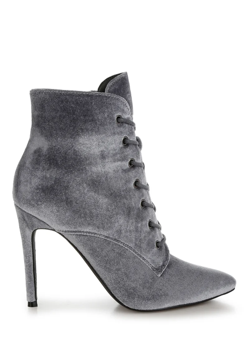 Velvet High Heeled Boots in Grey