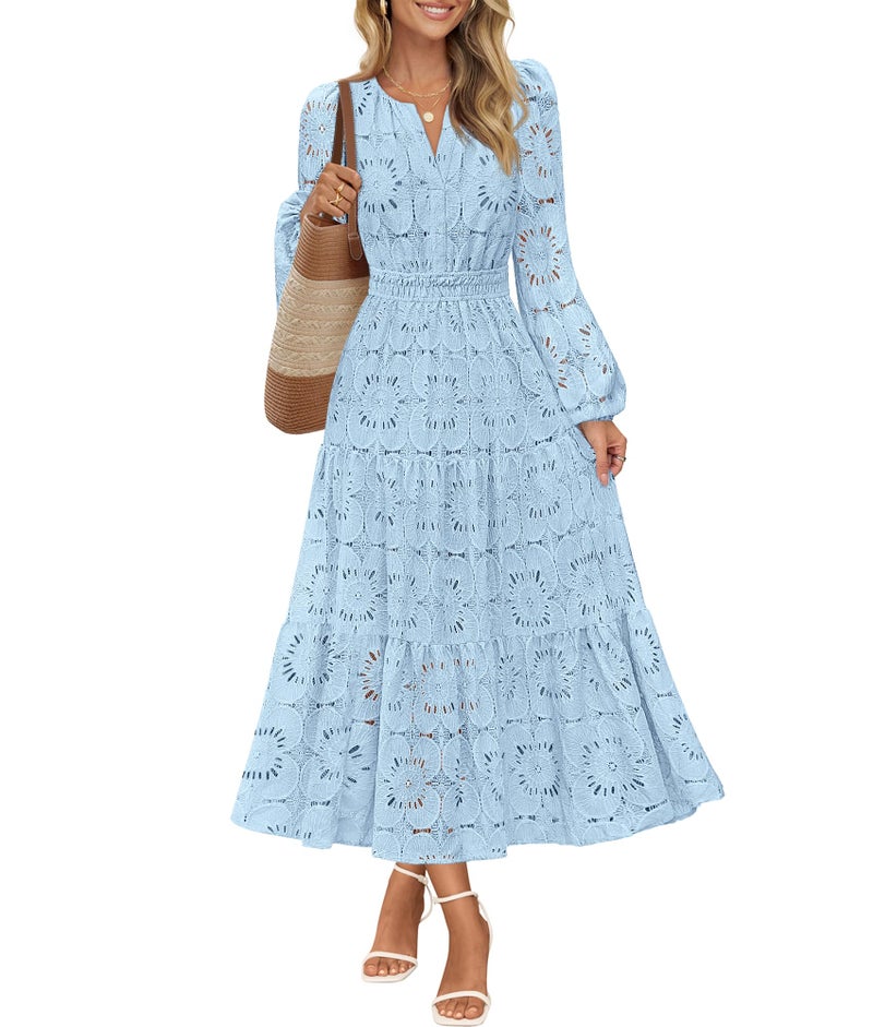 MEROKEETY Women's Fall Long Sleeve Floral Maxi Dress Lace Eyelet Hollow Out Tiered Boho Wedding Guest Dresses Pockets, Blue, Large - Image 1