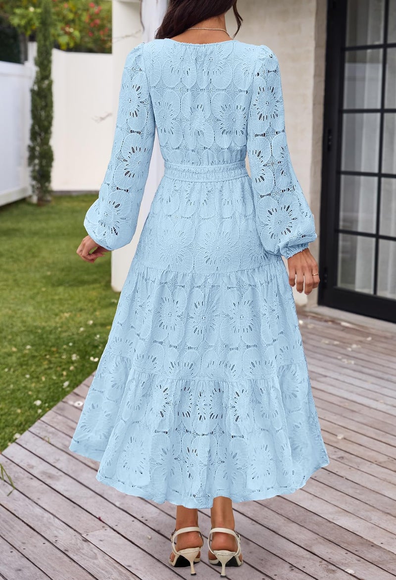 MEROKEETY Women's Fall Long Sleeve Floral Maxi Dress Lace Eyelet Hollow Out Tiered Boho Wedding Guest Dresses Pockets, Blue, Large - Image 4