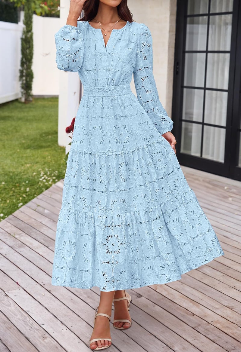 MEROKEETY Women's Fall Long Sleeve Floral Maxi Dress Lace Eyelet Hollow Out Tiered Boho Wedding Guest Dresses Pockets, Blue, Large - Image 2