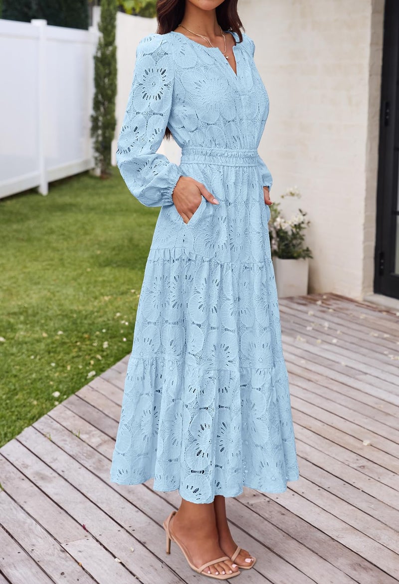 MEROKEETY Women's Fall Long Sleeve Floral Maxi Dress Lace Eyelet Hollow Out Tiered Boho Wedding Guest Dresses Pockets, Blue, Large - Image 3