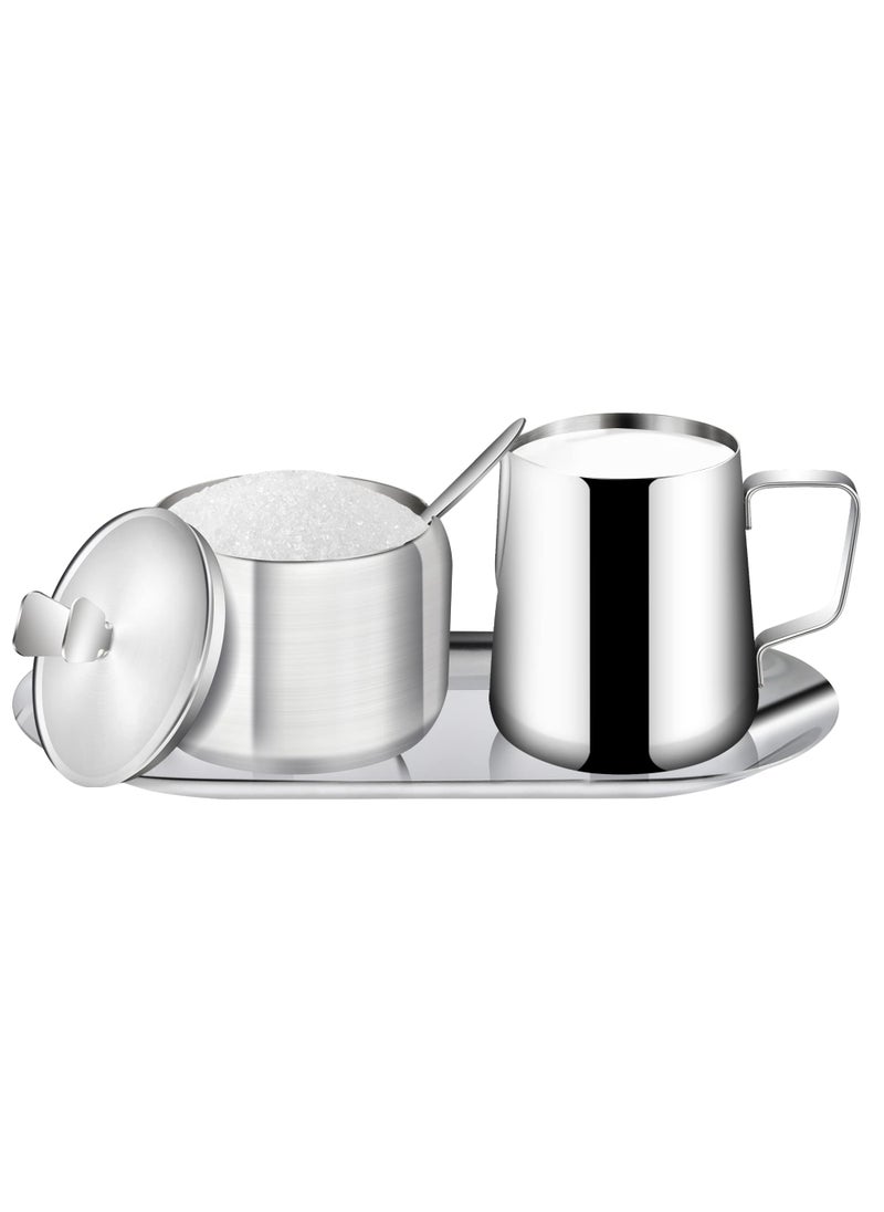 Worldity Worldity Stainless Steel Sugar and Creamer Set Coffee Sets for Serving Latte Milk Cup Cream Jug and Sugar Bowl with Lid Spoon Tray for Coffee Bar 