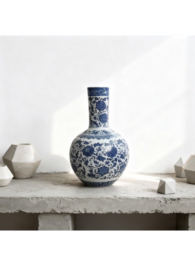 Blue and White Porcelain Vase 35cm – Elegant Chinese Floral Pattern Ceramic Vase for Home Decoration, Classic Round Shape with Narrow Neck, Decorative Flower Vase for Living Room, Office & Entryway - Image 2