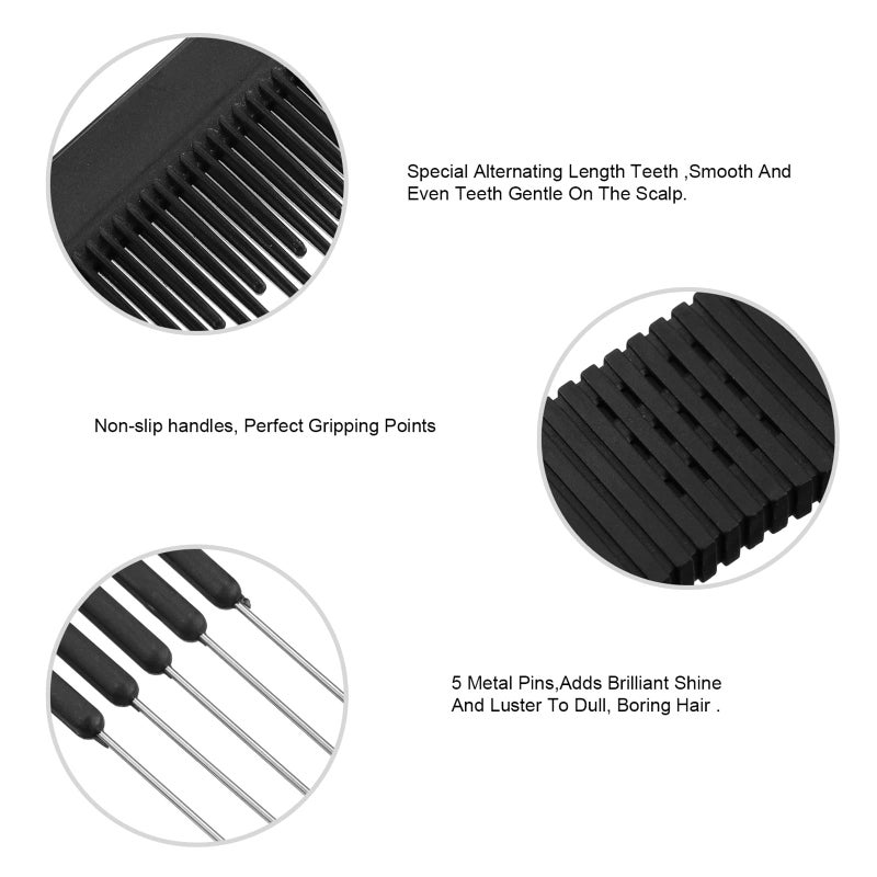 Leinuosen 3 Pack Carbon Lift Teasing Combs with Metal Prong, Hair Pick Comb for Women Hair Styling(Black) - Image 4