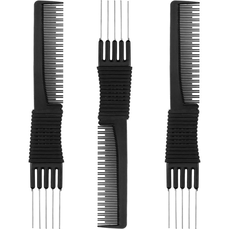 Leinuosen 3 Pack Carbon Lift Teasing Combs with Metal Prong, Hair Pick Comb for Women Hair Styling(Black) - Image 1