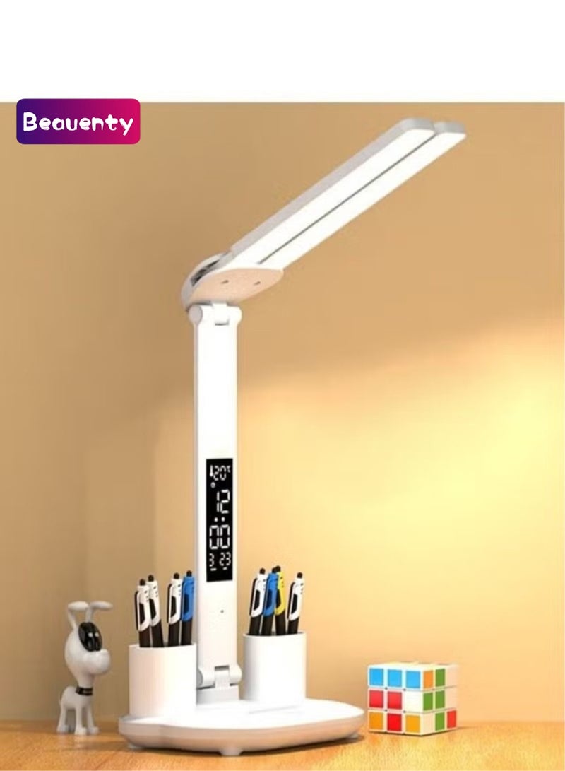 بيوينتي مصباح مكتب LED قابل للطي، بضوء ناعم يحمي العين، مزود بضبط لمسي للسطوع، مناسب للأطفال والمكاتب، مع حامل للهاتف وحاوية للأقلام. - Image 1