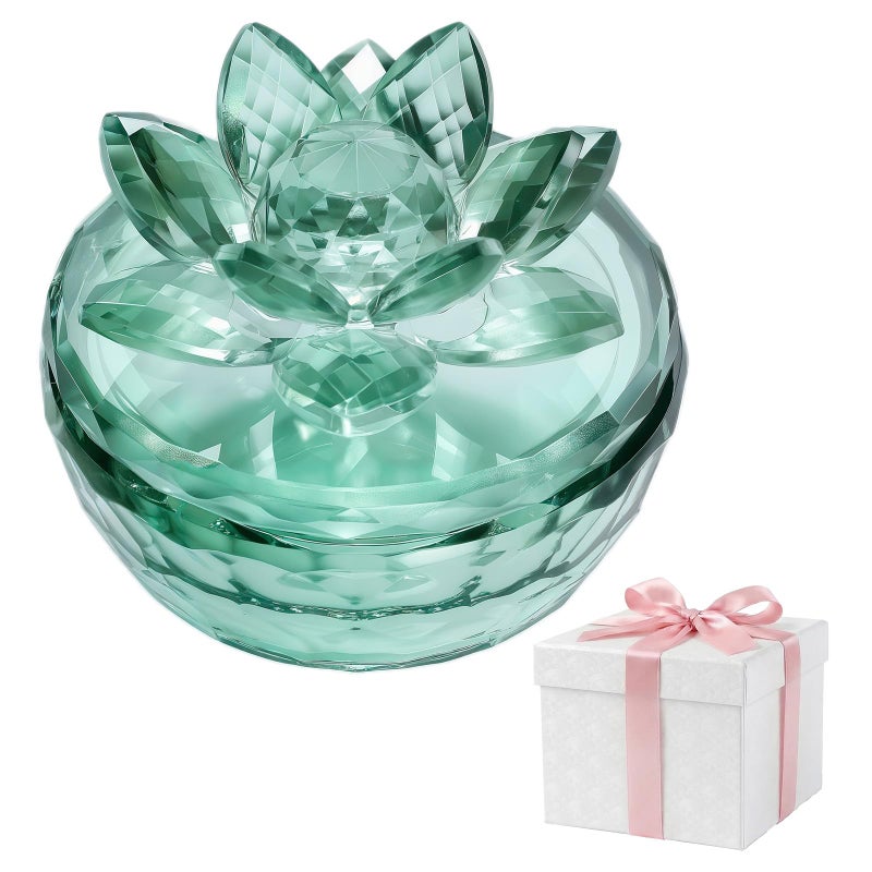 Dounx Crystal Jewelry Box, Small Glass Trinket Jar with Lid, Clear Lotus Flower Storage Holder for Women, Elegant Organizer Dish for Ring, Earrings, Necklace, Gift (Green) - Image 1