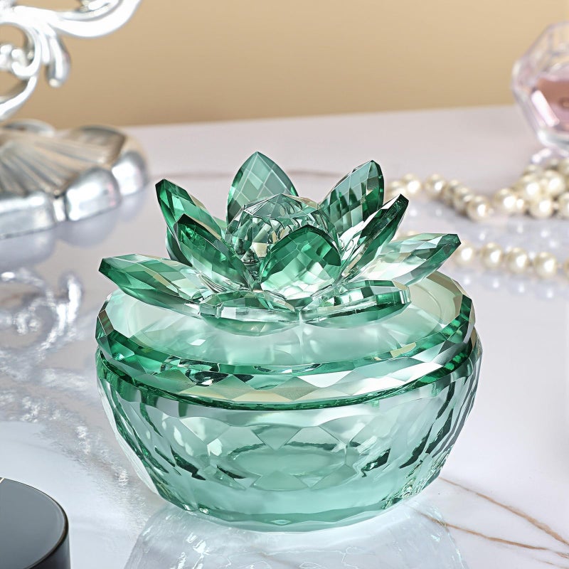 Dounx Crystal Jewelry Box, Small Glass Trinket Jar with Lid, Clear Lotus Flower Storage Holder for Women, Elegant Organizer Dish for Ring, Earrings, Necklace, Gift (Green) - Image 5
