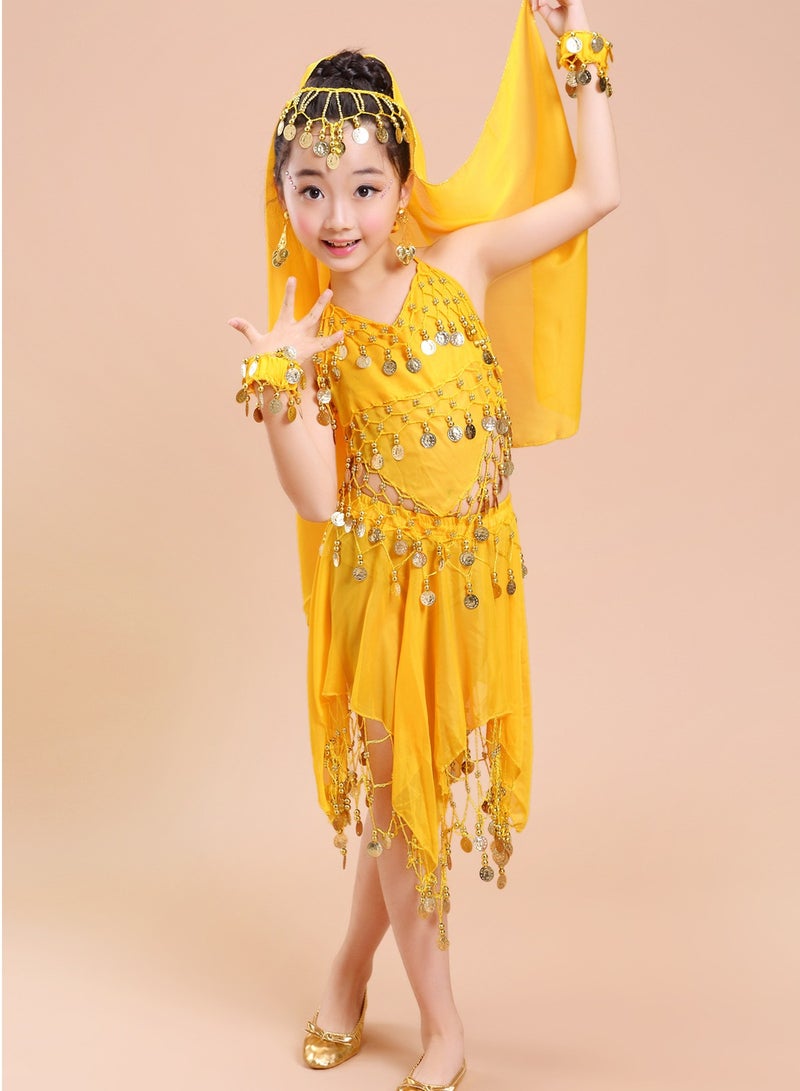 Loquat Girls Belly Dance Indian Dance Carnival Coins Pendant Performance Costume Set Yellow  - Image 1