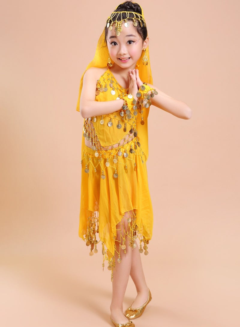 Loquat Girls Belly Dance Indian Dance Carnival Coins Pendant Performance Costume Set Yellow  - Image 2