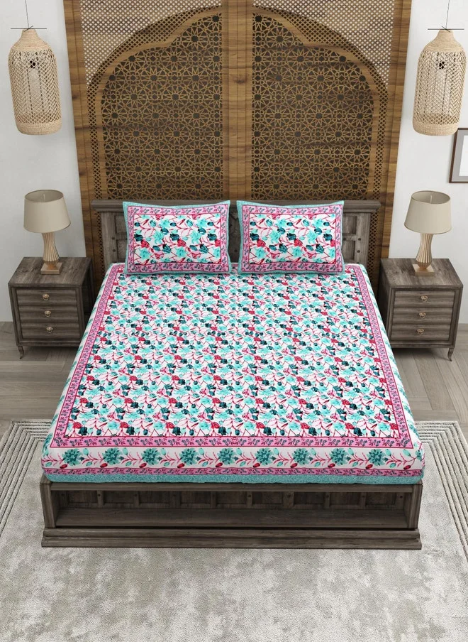 CLOTHOLOGY CLOTHOLOGY Pink & Blue Floral Pure Cotton 180 TC King Bedsheet Set