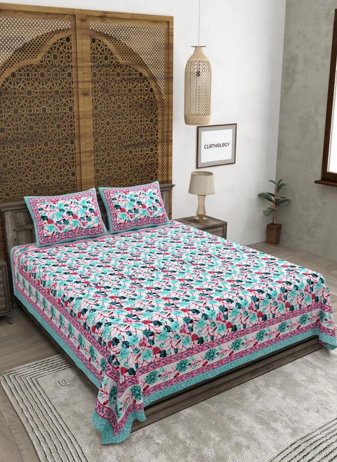 CLOTHOLOGY CLOTHOLOGY Pink & Blue Floral Pure Cotton 180 TC King Bedsheet Set