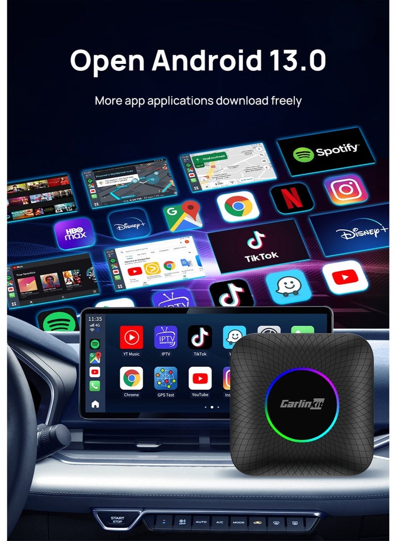 Carlinkit تصميم حزمة (للسعودية) CarlinKit CarPlay Ai Box 4G+64G Android 13 محول لاسلكي و Android Auto، Qualcomm SM6225 ثماني النواة 4GB+64GB، يدعم 512GB SD، خيارات RGB وغير RGB، نقطة اتصال 4G LTE، نظام GPS للملاحة لتسلية السيارة - Image 2