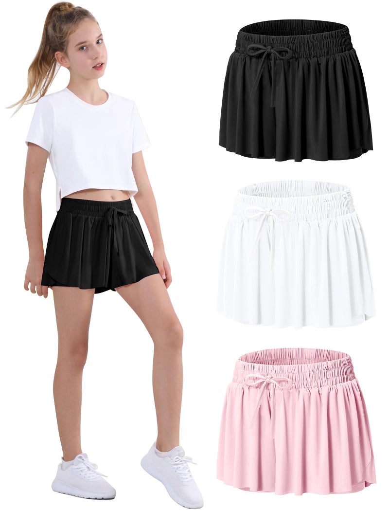 EXARUS 3 Pack Girls Shorts Butterfly Flowy Athletic Skort Dance Cheer Outfits Teen Running Skirts Preppy Tennis 2 in 1 Flutter Gym Kids Tween Clothes Black White Pink 10Y - Image 1