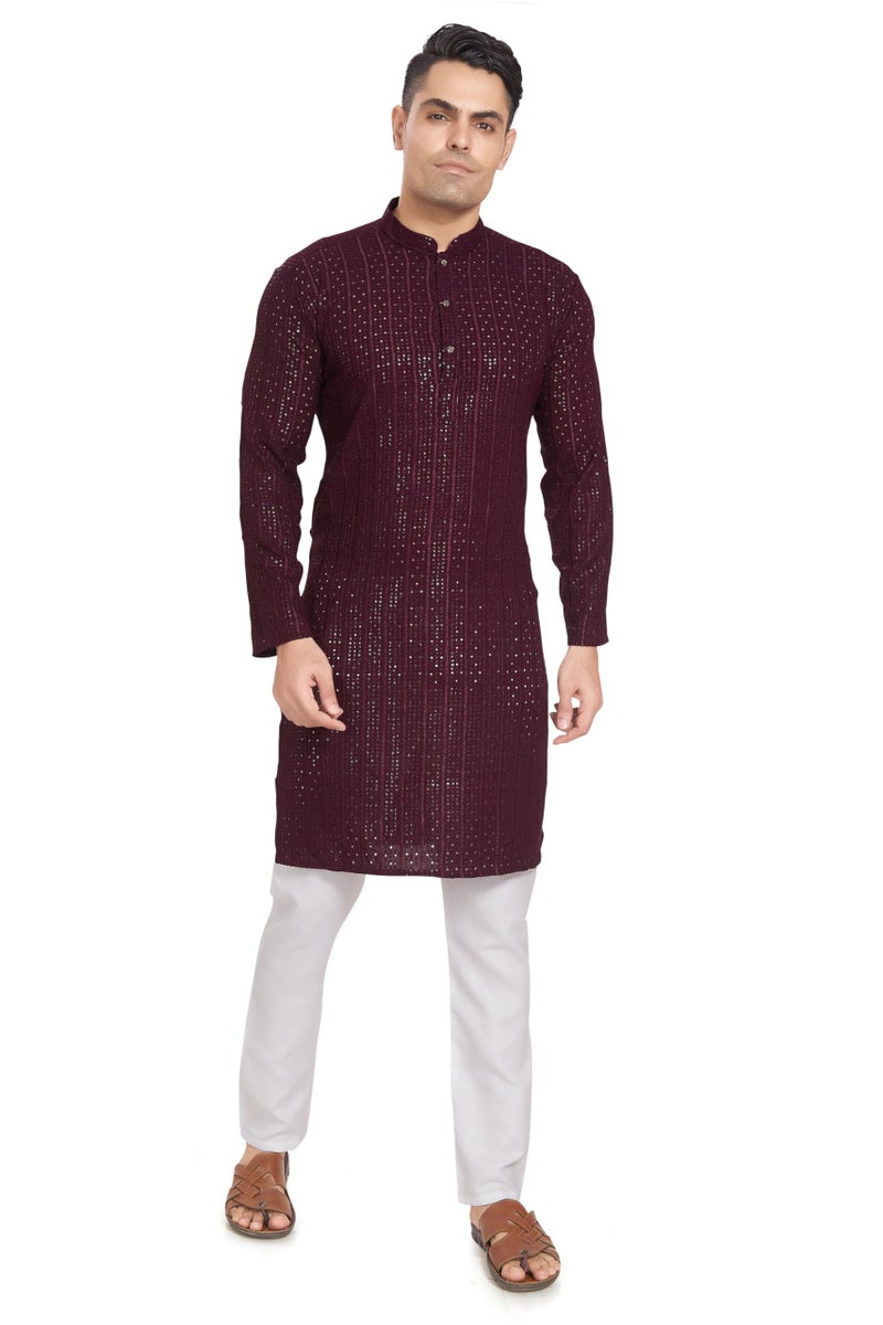 DIVISIVE Men's Embroidered Cotton Blend Only Slim Fit Kurta (DKRT373_XL_Burgundy) - Image 2