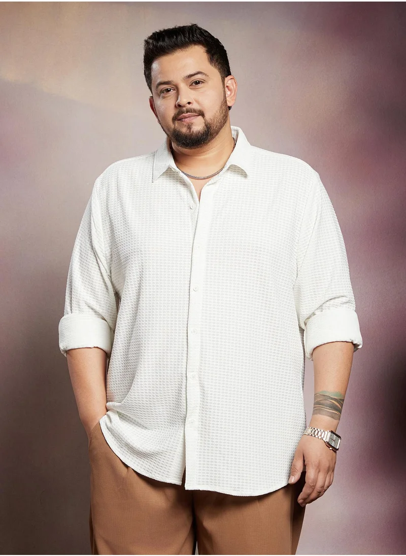 انستافاب بلس Instafab Plus Men's Cream White Hive-Weave Textured Shirt For Casual Wear | Spread Collar | Long Cuffed Sleeves | Button Closure | Plus Size Shirt Crafted With Comfort Fit For Everyday Wear