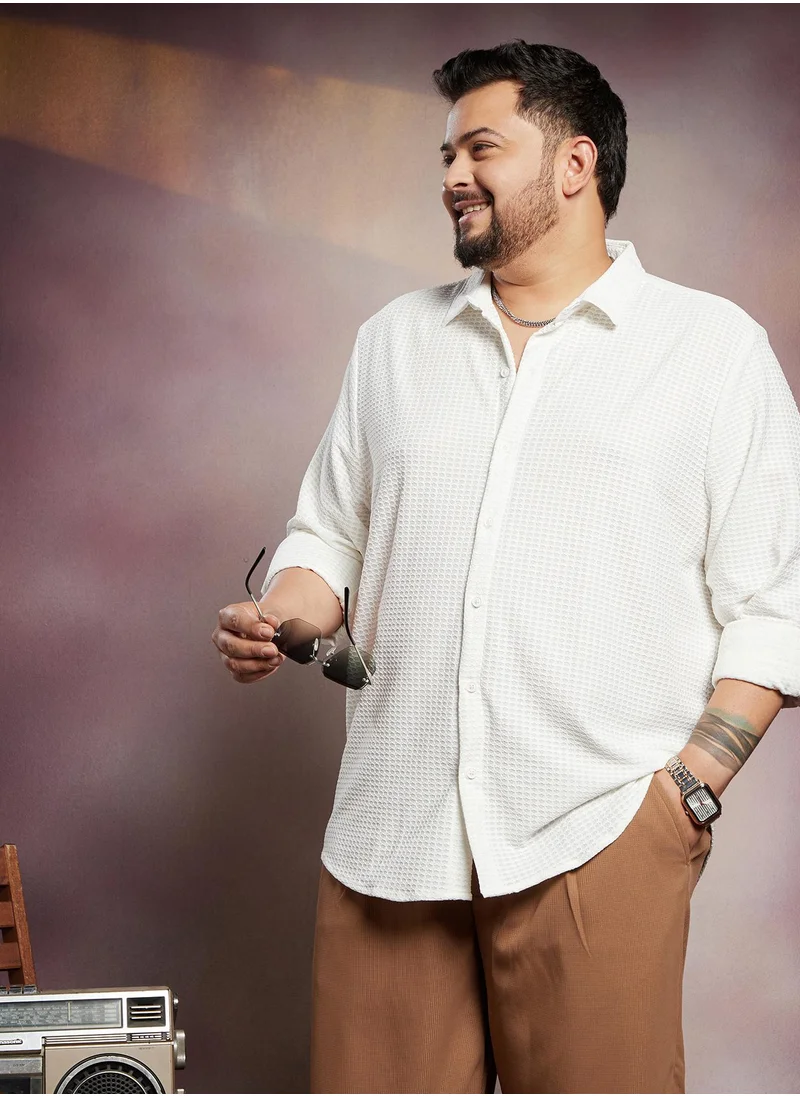 انستافاب بلس Instafab Plus Men's Cream White Hive-Weave Textured Shirt For Casual Wear | Spread Collar | Long Cuffed Sleeves | Button Closure | Plus Size Shirt Crafted With Comfort Fit For Everyday Wear