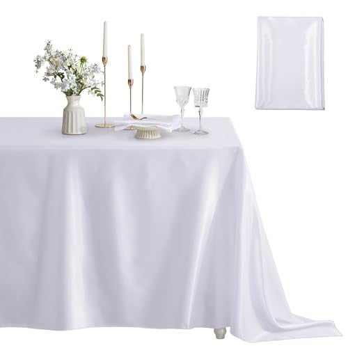 Counfeisly 1 Pack Satin Table Cover Rectangle Silkly Soft Table Cloth, Satin Dining Table Cloths for Wedding Banquet Table Decoration, Dining Room, Indoor and Outdoor Use, 60 x 84 Inches, White - Image 1