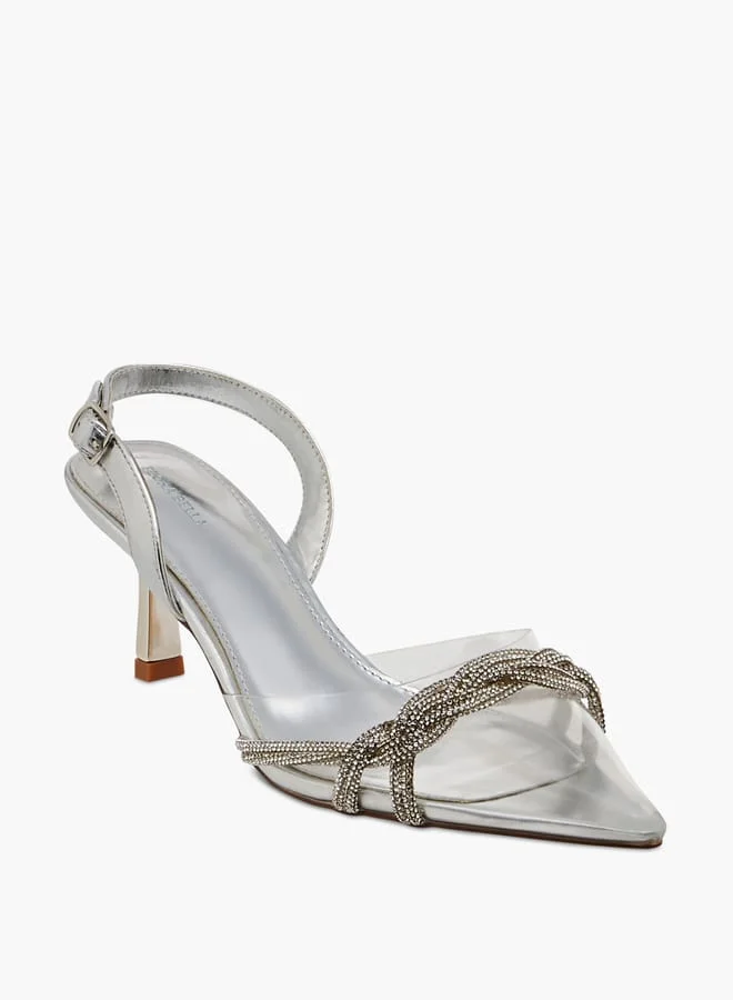 Flora Bella By Shoexpress Women's Studded Pointed Toe Sandals with Buckle Closure and Kitten Heels