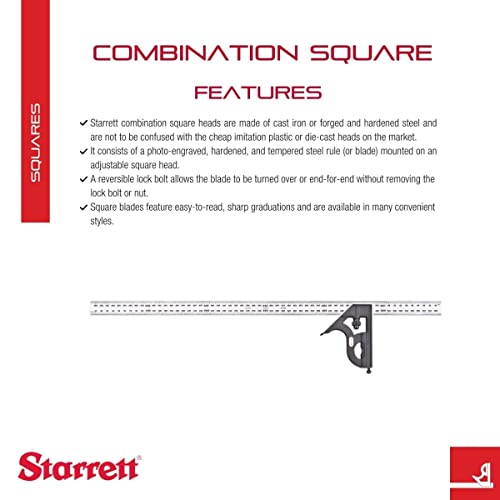 Starrett Steel Combination Square with Square Head 600mm Blade Length Cast Iron Heads Hardened Steel Reversible Lock Bolt Scriber Spirit Level 4R Graduation Type 11MH600 - Image 3