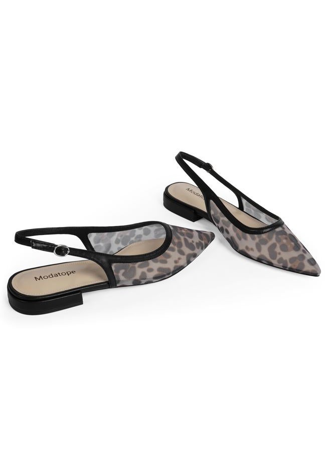 Modatope Slingback Flats for Women Pointed Toe Ballet Flats Classic Low Heel Sandals Dress Shoes, Leopard Mesh, 8 - Image 5