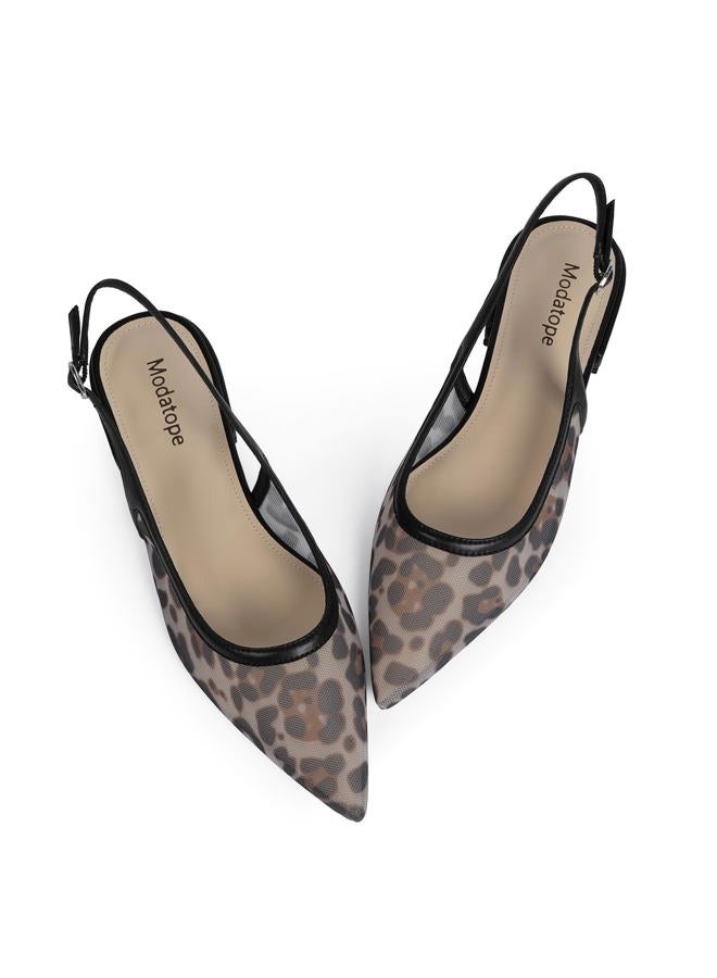 Modatope Slingback Flats for Women Pointed Toe Ballet Flats Classic Low Heel Sandals Dress Shoes, Leopard Mesh, 8 - Image 1
