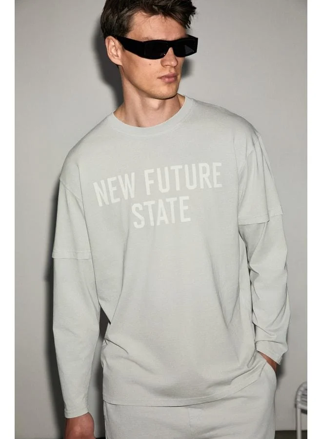 GRIMELANGE FLAM Men's 100% Organic Cotton Washable Print Detailed Long Sleeve Stone-Color T-Shirt.