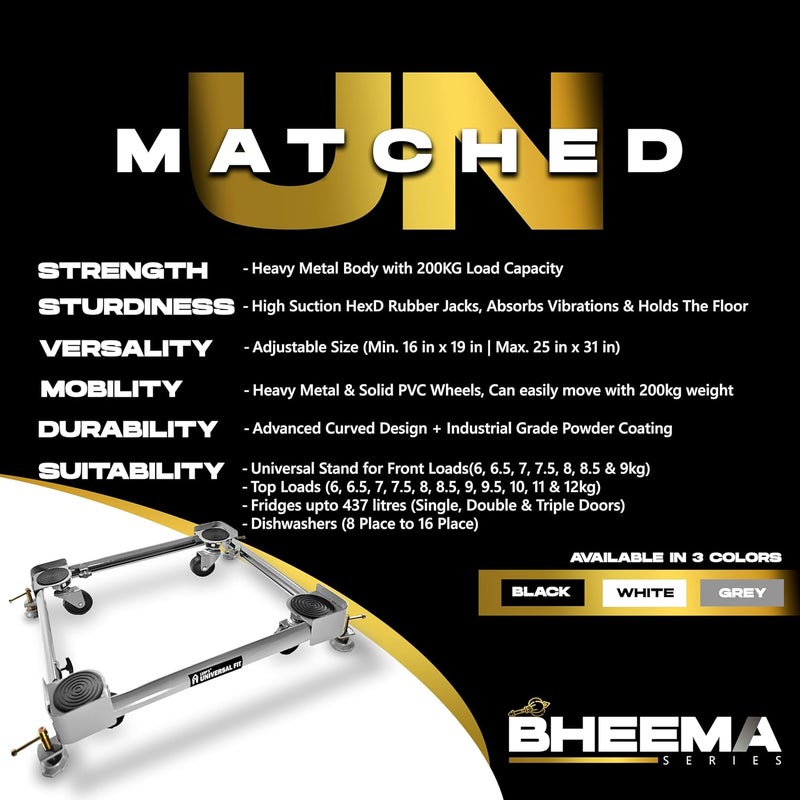 LSRP's Universal Fit Bheema Series Washing Machine Stand 7kg 8kg 9kg 10kg 6kg 65 kg Top Front Load Trolley 100 Heavy Metal Body 200kg Capacity Solid Wheels Adjustable Size Anti Vibration Jacks  - Image 2