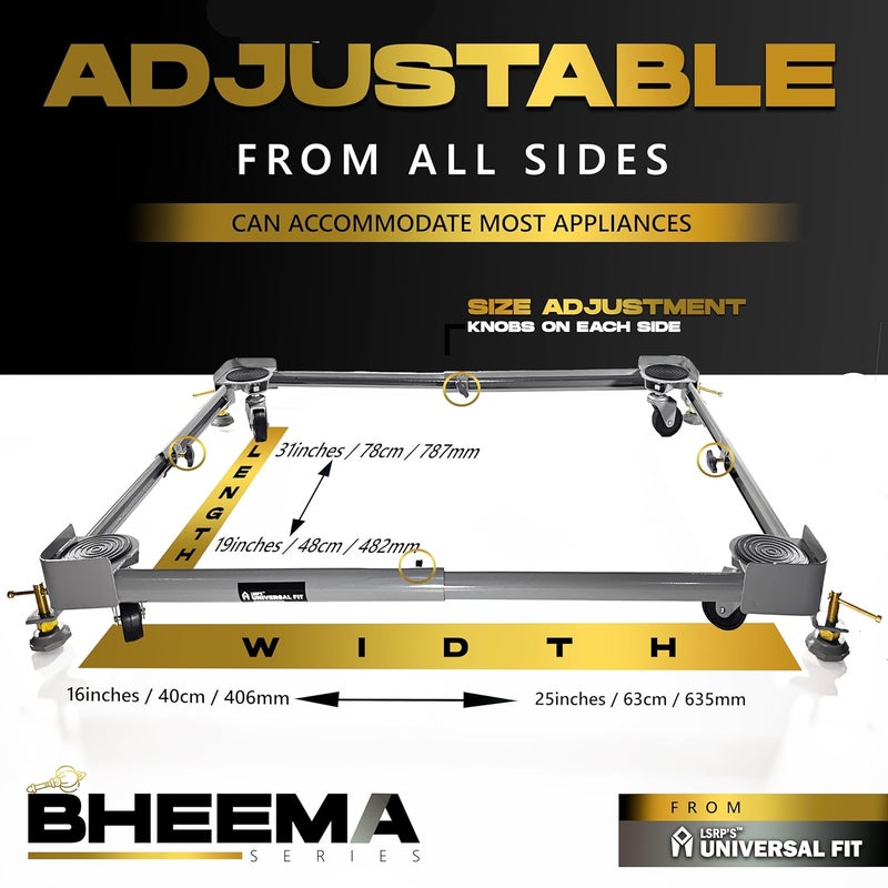 LSRP's Universal Fit Bheema Series Washing Machine Stand 7kg 8kg 9kg 10kg 6kg 65 kg Top Front Load Trolley 100 Heavy Metal Body 200kg Capacity Solid Wheels Adjustable Size Anti Vibration Jacks  - Image 3