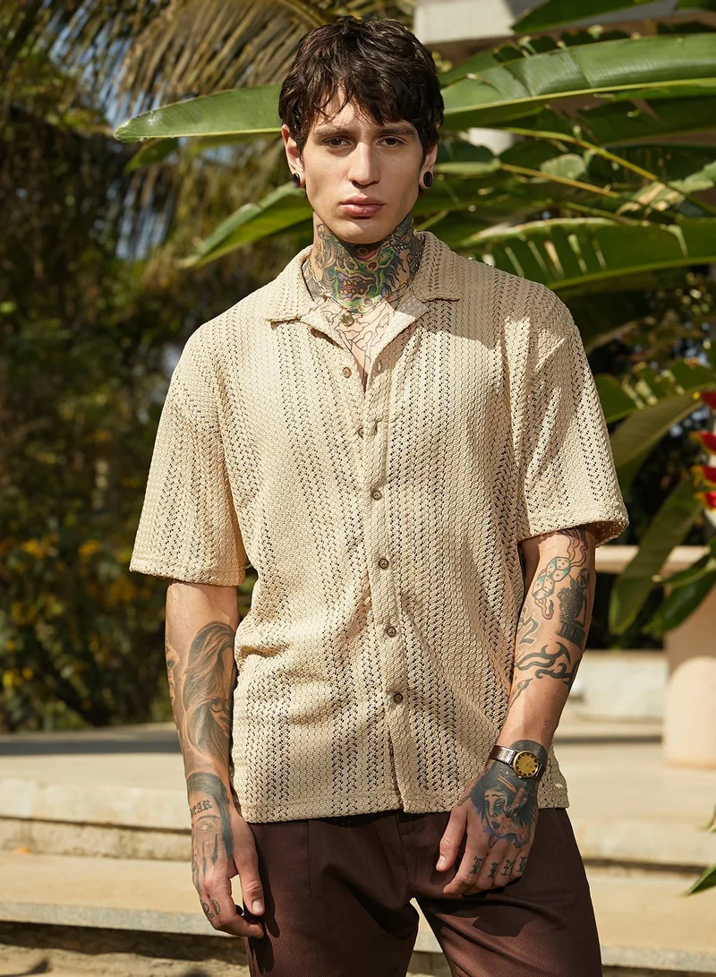 Campus Sutra Campus Sutra Men's Buff Beige Ziggy-Knit Oversized Shirt For Casual Wear | Cuban Collar | Short Regular Sleeves | Button Closure | Oversized Shirt Crafted With Comfort Fit For Everyday Wear