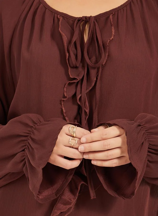 Styli Solid Long Sleeve Tie Up Blouse