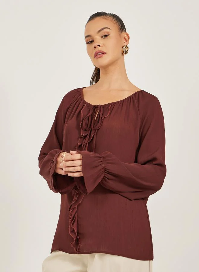 Styli Solid Long Sleeve Tie Up Blouse