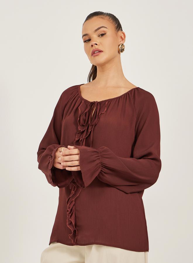 ستايلي بلوزة بأكمام طويلة وربطة عنق بلون سادة - Image 3