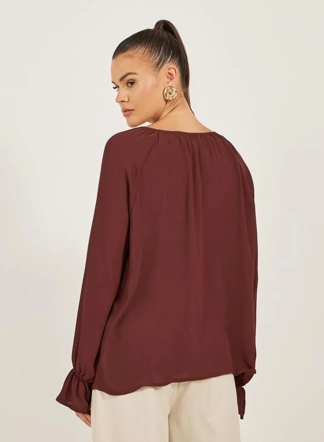 Styli Solid Long Sleeve Tie Up Blouse