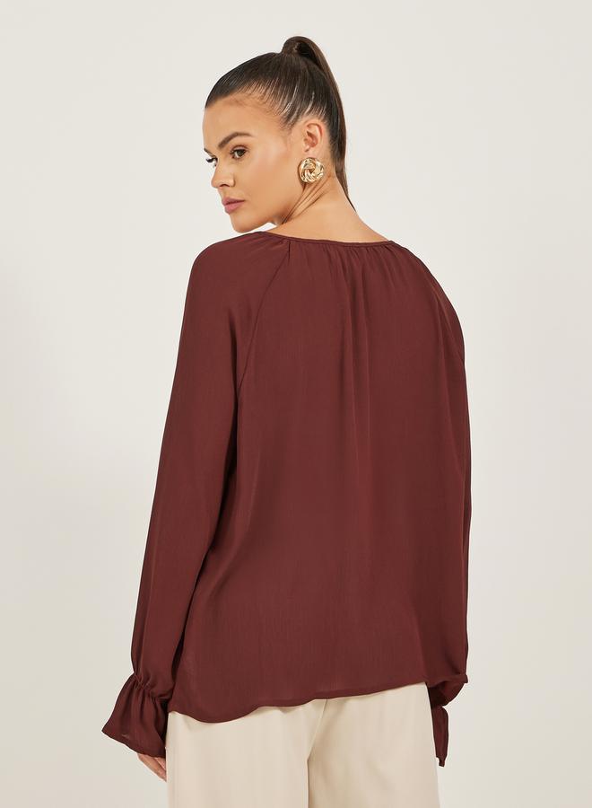 ستايلي بلوزة بأكمام طويلة وربطة عنق بلون سادة - Image 5