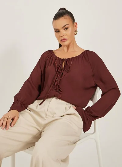 Styli Solid Long Sleeve Tie Up Blouse