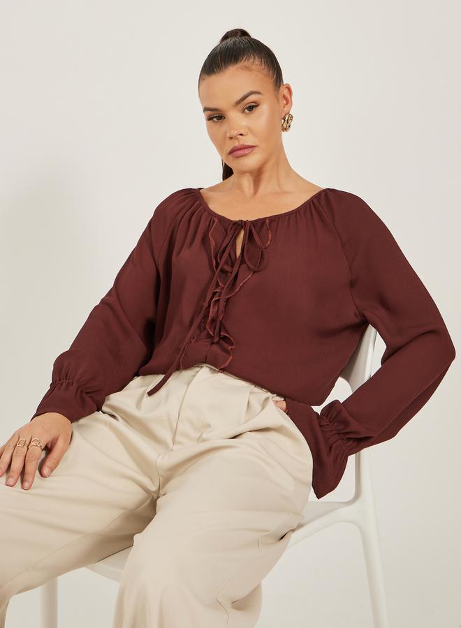 ستايلي بلوزة بأكمام طويلة وربطة عنق بلون سادة - Image 1