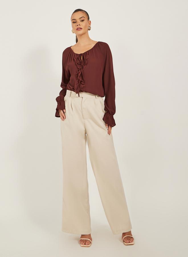 ستايلي بلوزة بأكمام طويلة وربطة عنق بلون سادة - Image 2