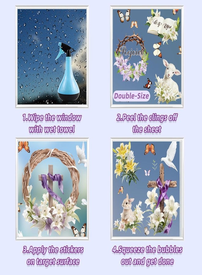 KIKISML 56 PCS He is Risen Window Clings, 9 Sheets Religious Easter Window Stickers with Cross Dove Bunny Lamb Lily, Double Sided Static Easter Window Decorations for School Home Office Party Supplies - Image 4