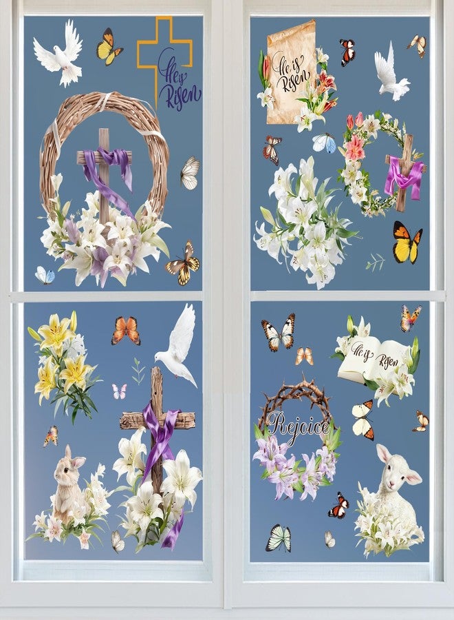KIKISML 56 PCS He is Risen Window Clings, 9 Sheets Religious Easter Window Stickers with Cross Dove Bunny Lamb Lily, Double Sided Static Easter Window Decorations for School Home Office Party Supplies - Image 5