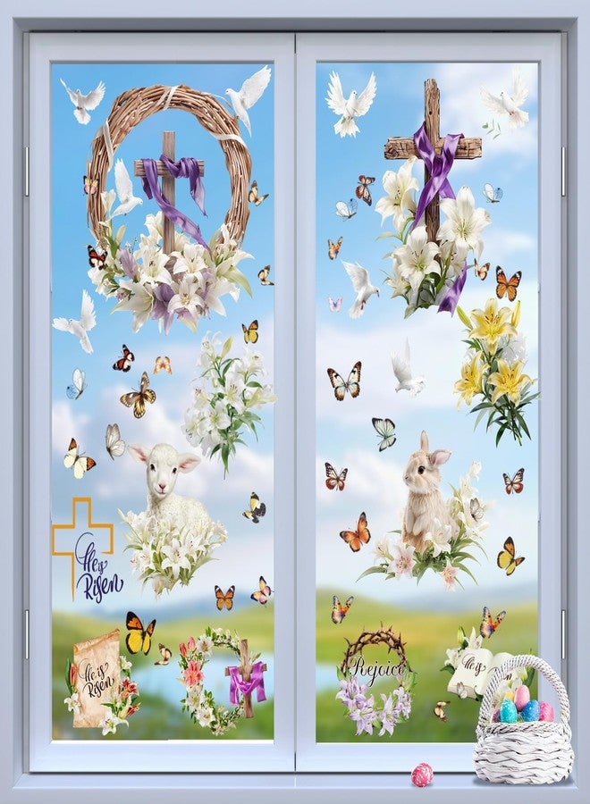 KIKISML 56 PCS He is Risen Window Clings, 9 Sheets Religious Easter Window Stickers with Cross Dove Bunny Lamb Lily, Double Sided Static Easter Window Decorations for School Home Office Party Supplies - Image 1